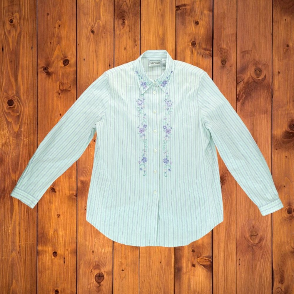 Napa Valley Embroidered Button Down Long Sleeve Striped Floral Women's Size M